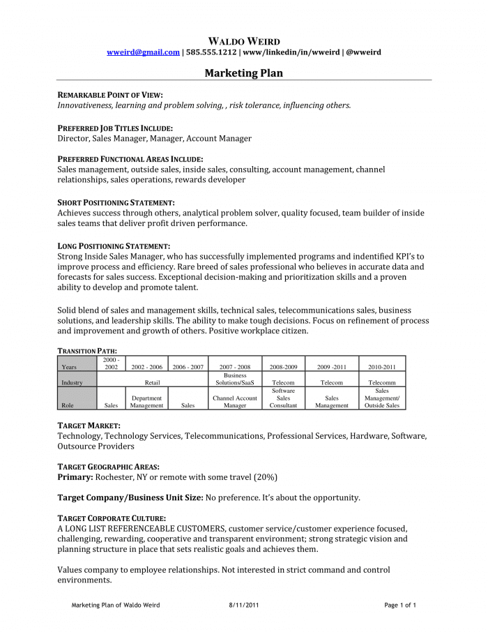 sample personal marketing plan