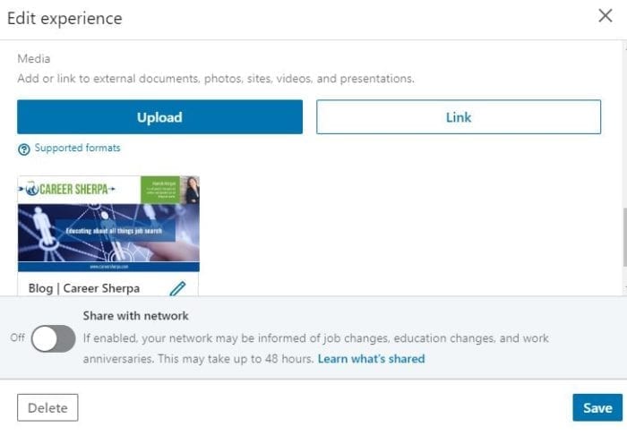 embed files or links in LinkedIn experience section