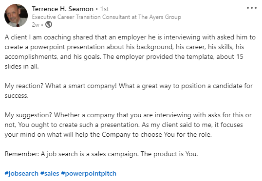 Terrence Seamon post about client presentation during job interview